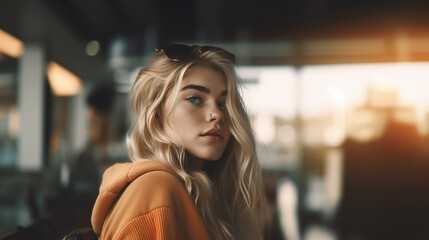  a woman with blonde hair, wearing a brown jacket, and looking off into the distance. She appears to be deep in thought - obrazy, fototapety, plakaty