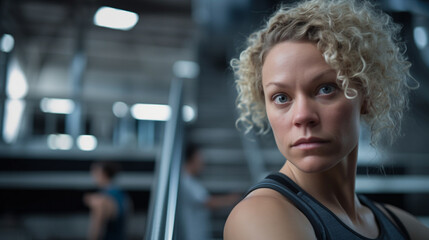 Fototapeta na wymiar a woman with curly hair, wearing a black shirt, standing in a gym. She is looking at the camera with a serious expression on her face. gym 