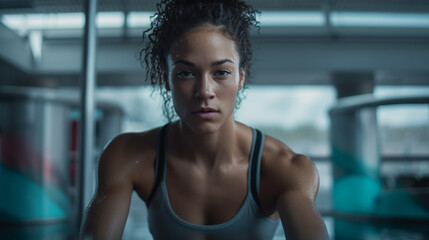 a woman with curly hair, wearing a sports bra, and looking at the camera. She appears to be in a gym or a fitness center, as there are two benches in the background - obrazy, fototapety, plakaty