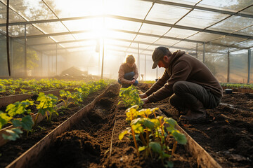 Man and woman working in a greenhouse. They are planting seedlings.