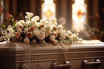 Beautiful flowers in a coffin at a funeral - obrazy, fototapety, plakaty