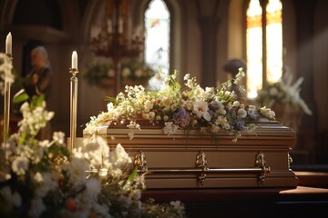 Fototapeta na wymiar Beautiful flowers in a coffin at a funeral