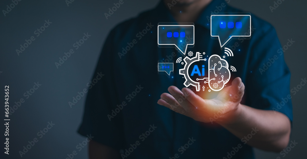 Poster businessman show chat with ai global internet connect using technology smart robot ai , concept ai t