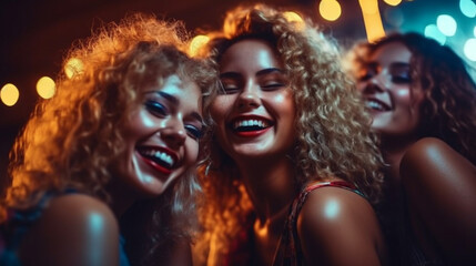 three women with curly hair, all smiling brightly and posing for a picture. They appear to be enjoying themselves and are likely friends or acquaintances