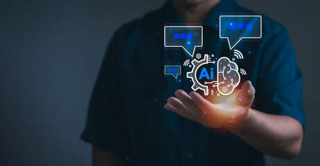 businessman show Chat with AI Global Internet connect using technology smart robot AI , concept Ai technology Artificial Intelligence Futuristic technology transformation
