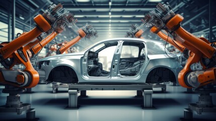 robotic arms is assembling a car in a factory