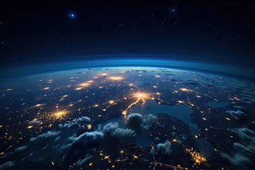 Fotobehang Night of Planet Earth globe from space view with city light of each countries on land and sunlight, Galaxy and space concept. © TANATPON