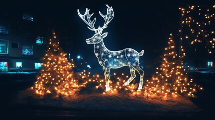 new years deer illuminated by LEDs against the backdrop of bright trees
