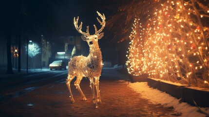 new years deer illuminated by LEDs against the backdrop of bright trees