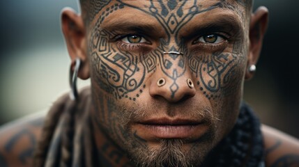 man with intricate facial tattoos close up