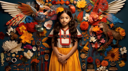 Niña mexicana con ropa indígena: Primavera 2023 rodeada de flores y cosas indigenas, fondo  - obrazy, fototapety, plakaty