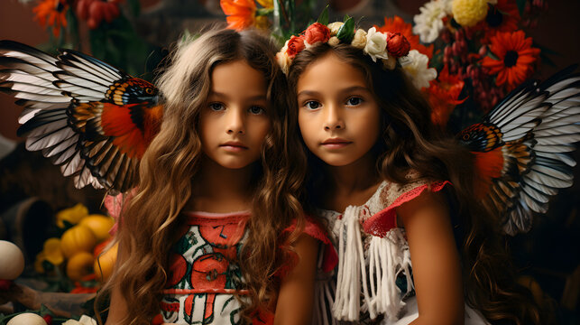 Primavera y folclore: Dos ni&ntilde;as latinas con trajes ind&iacute;genas diademas de flores y fondos etnicos