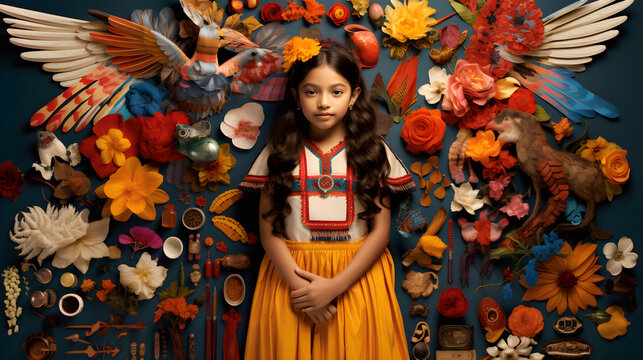 Ni&ntilde;a mexicana con ropa ind&iacute;gena: Primavera 2023 rodeada de flores y cosas indigenas, fondo 