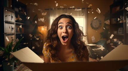 Surprised young woman unpacking parcel