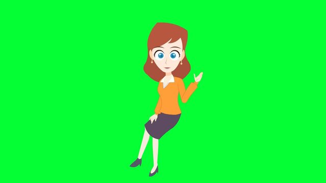 beautiful cartoon girl talking and explaining background and 2d animation, Cartoon character, cute lady, teacher talking, expressions, Education, women giving message, girl sitting, lady sit, green