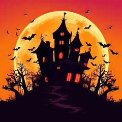 Spooky castle silhouette on moon background for halloween celebration