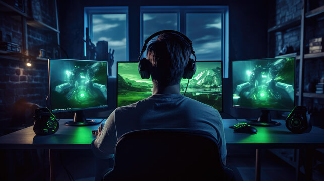 A Person Playing Video Games At His Desk At Night