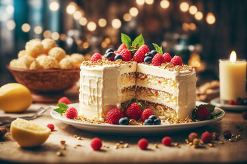 Delectable Creamy Cake Adorned with Whipped Frosting and Decadent Layers, a Sensory Symphony of Velvety Texture and Irresistible Flavor. A Tempting Dessert. Celebrating Sweet Moments