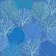A blue winter background pattern with winter trees