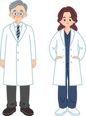 白衣を着た高齢の男性医師と若い女性医師の全身イラスト