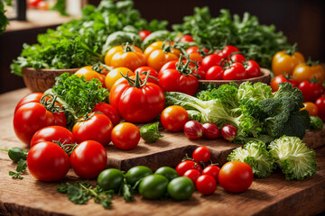 Vibrant, fresh vegetables artfully arranged on a wooden table. The colorful produce includes an assortment of crisp greens, ripe red tomatoes, evoking the essence of healthy eating