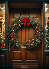 Christmas wreath on the door. A Festive Wreath Adorning the Door, A Symbol of Holiday Warmth and Cheer, Embellishing the Entrance with Seasonal Splendor. Magical Spirit of Christmas