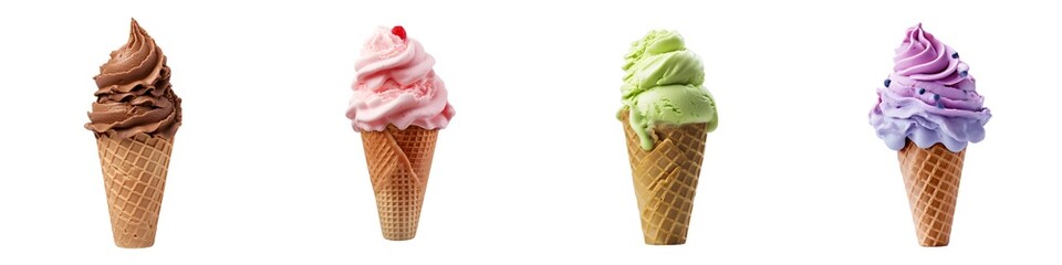 Set of Ice cream cones with different flavors, isolated on transparent. - obrazy, fototapety, plakaty