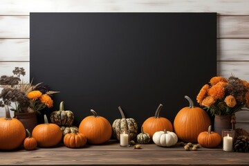 blackboard hanging on room wall with pumpkins and traditional halloween party elements