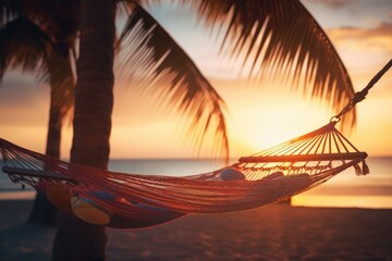 Tropical Dream - Hammock between two palms, overlooking a tranquil beach sunset - Island Escapism - AI Generated - obrazy, fototapety, plakaty