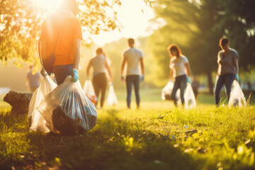 Community Cleanup - Young adults with recyclable bags, cleaning a local park - Grassroots environmental actions - Peaceful Gen Z Activism - AI Generated
