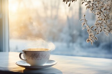 Herbal Tea Moment - Steaming cup by a frosty window, hints of herbs on the side - Winter Wellness - AI Generated