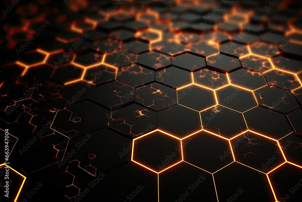 Poster abstract technology background with glowing hexagons. 3d rendering, futuristic high tech black backg
