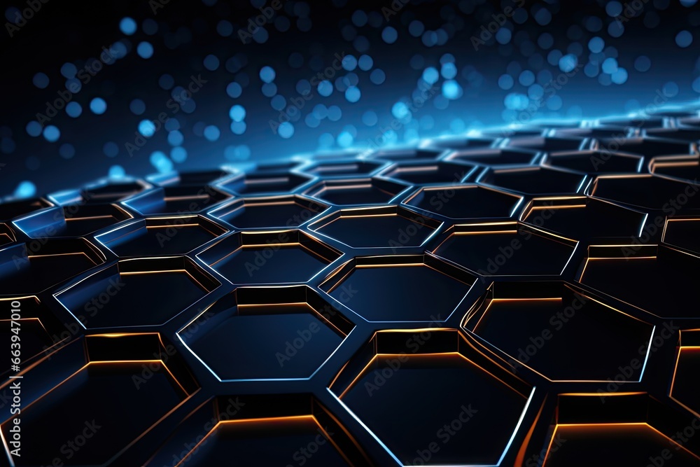 Poster abstract technology background with hexagons. 3d rendering toned image, futuristic high tech black b