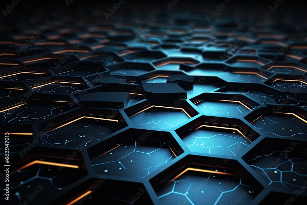 Poster 3d rendering of abstract technology background with hexagons and glowing lights, futuristic high tec