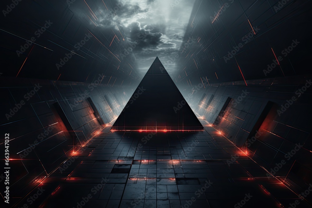 Poster 3d rendering of a dark corridor in a futuristic style with glowing lights, futuristic high tech dark