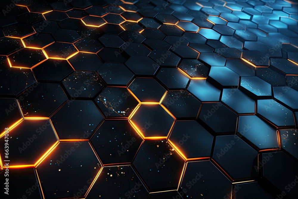 Poster abstract technology background with glowing hexagons. 3d rendering toned image, futuristic high tech