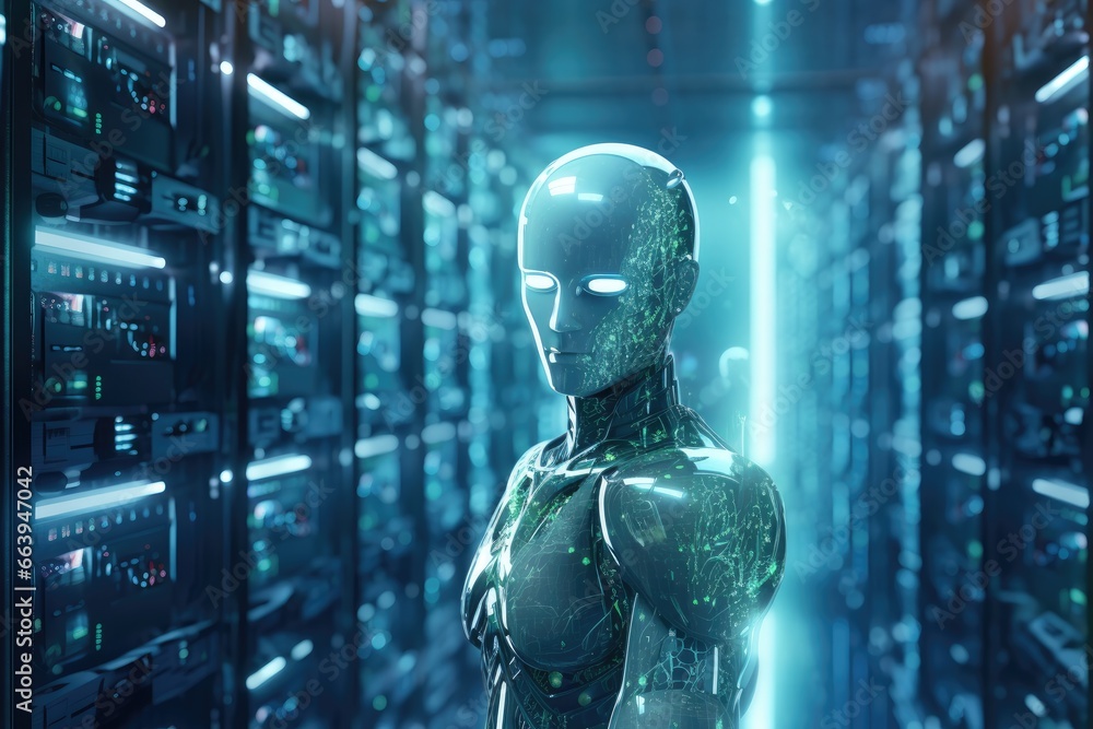 Wall mural 3D rendering humanoid robot working in server room with binary code on screen, Futuristic illustration of an AI robot on a blurry server room background, AI Generated