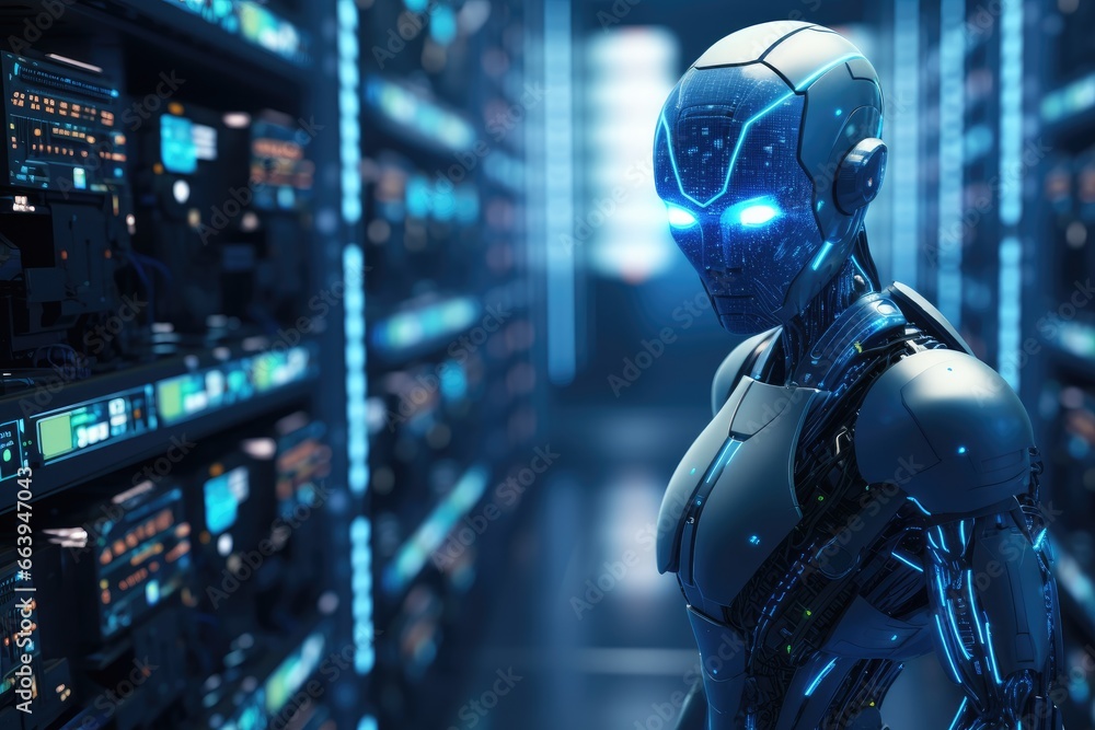 Poster 3d rendering humanoid robot working in server room with circuit board background, futuristic illustr