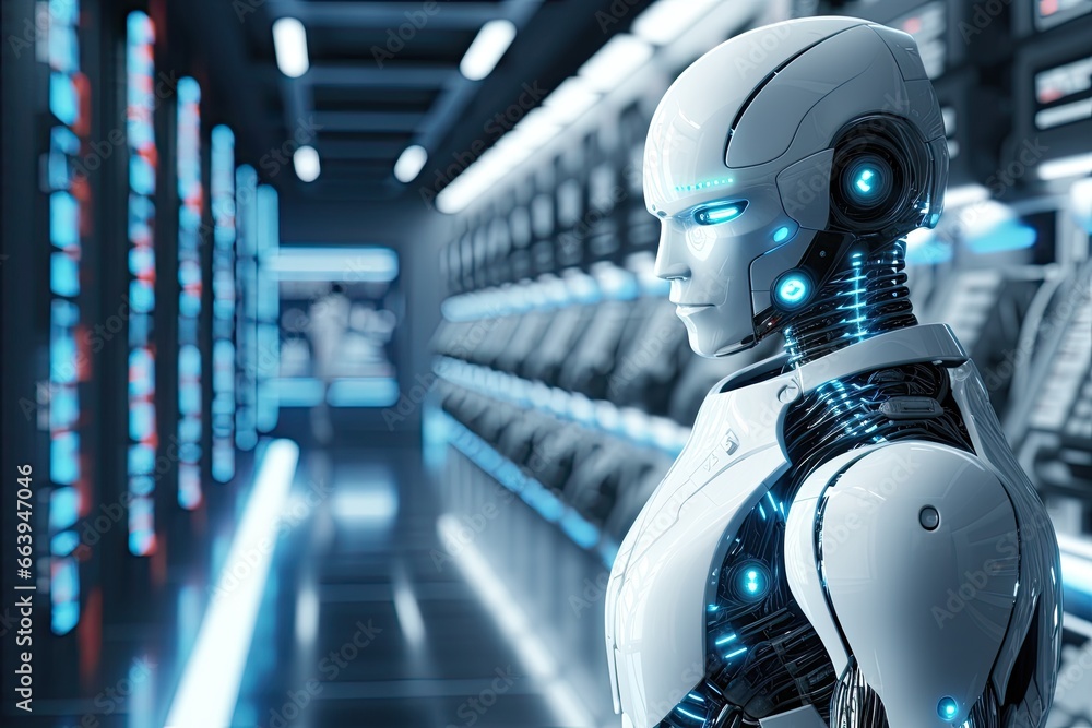 Poster 3d rendering humanoid robot in data center or server room with circuit board, futuristic illustratio