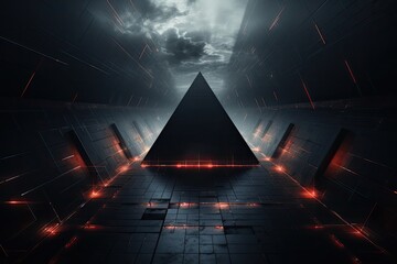 Fototapeta premium 3d rendering of a dark corridor in a futuristic style with glowing lights, Futuristic High Tech dark background with a triangle, AI Generated