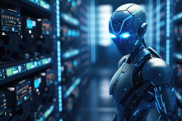 3D rendering humanoid robot working in server room with circuit board background,  Futuristic illustration of an AI robot on a blurry server room background, AI Generated - obrazy, fototapety, plakaty