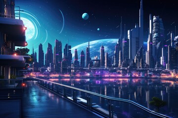 Fototapeta na wymiar Futuristic city at night. 3d rendering toned image, Futuristic inspired border town with neon lights, AI Generated