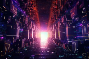 Futuristic corridor with glowing lights, 3d rendering digital illustration, Futuristic Metaverse Tunnel with Polygon Shapes and Circuit Boards, AI Generated