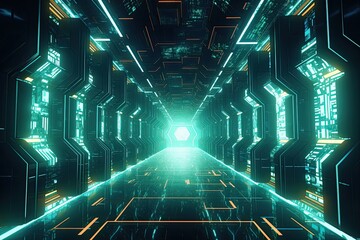 Dark futuristic corridor with glowing neon lights. 3d rendering toned image, Futuristic Metaverse...