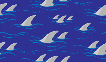 Shark fin silhouette and waves seamless pattern. Vector illustration.