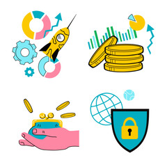 Money transfer and business process icons of transferring money electronically. Financial transactions and online transfers, mobile payments or digital wallet, vector illustration isolated.