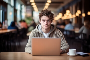 Teenage Boy Freelancer Studying and Using Laptop in a Cafe,ai generative