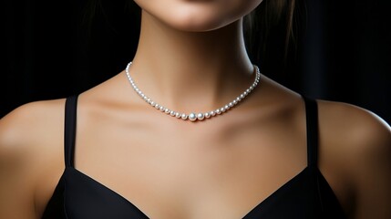 cropped photo of beautiful woman wearing pearl necklace. - obrazy, fototapety, plakaty