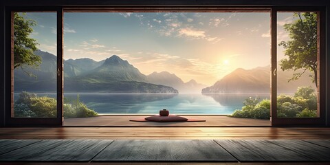 Clean and calm yoga studio with beautiful nature view. Interior design. Generative AI - obrazy, fototapety, plakaty
