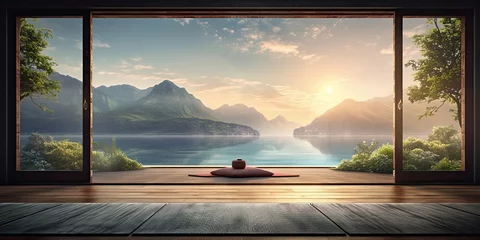 Foto op Canvas Clean and calm yoga studio with beautiful nature view. Interior design. Generative AI © AI Farm